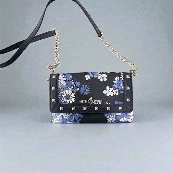 Michael Kors Handbags - Michael Kors Black and Blue Floral Crossbody Bag with Silver Accents